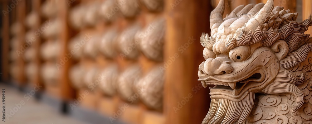 Fototapeta premium A detailed wooden carving of a dragon-like creature stands prominently against a backdrop of textured wood, showcasing intricate craftsmanship and cultural significance.