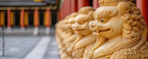 A row of intricately carved lion statues, showcasing traditional artistry, set against a vibrant architectural backdrop. photo