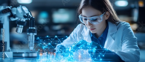 A female scientist conducts research in a lab, focusing on advanced technology and scientific innovation with a microscope.