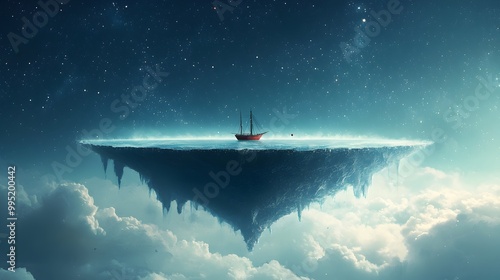 Fototapeta Naklejka Na Ścianę i Meble -  A sailboat navigating the vast ocean heading towards the mysterious edge of a flat Earth where the sea seemingly falls into the abyss of space an epic and surreal journey of and adventure