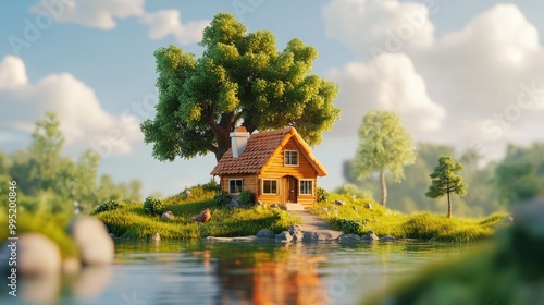 Fototapeta Naklejka Na Ścianę i Meble -  3D cabin and tree cartoon