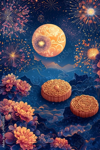 Chinese Mid Autumn day poster design pattern, Chinese mooncake, light tones, blue and purple, dream scene, warm color, Chinese lanterns, family union, loving and joy moment, huge moon, fireworks, star