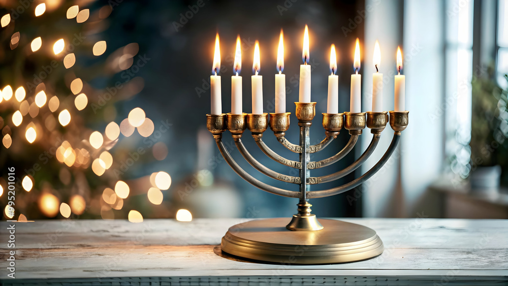 Flat Podium with Floating Hanukkah Candles: Dynamic Spiritual Design with Copy Space for Creative Messaging Flat Podium with Floating Hanukkah Candles: Dynamic Spiritual Design with Copy Space for Creative Messaging