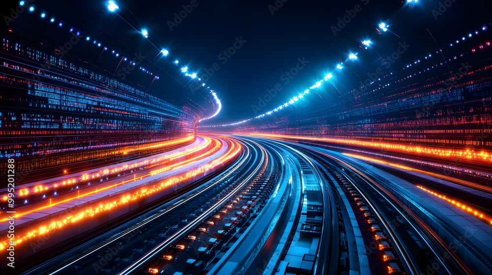 A dynamic night scene illustrating vibrant light trails along a curved pathway, showcasing movement and energy in urban environments. A dynamic night scene illustrating vibrant light trails along a curved pathway, showcasing movement and energy in urban environments.