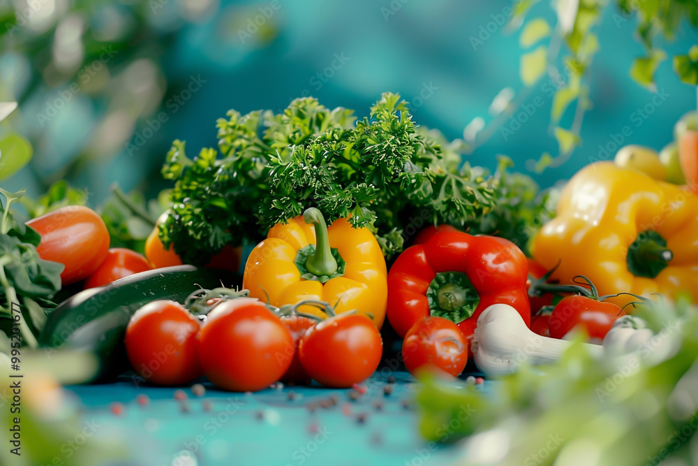 Red and yellow bell peppers, tomatoes, garlic and greens on a blue wooden table. Red and yellow bell peppers, tomatoes, garlic and greens on a blue wooden table.
