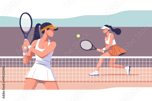 Tennis match. Popular sport. Female tennis player runs to hit the ball with a racket. Vector illustration.