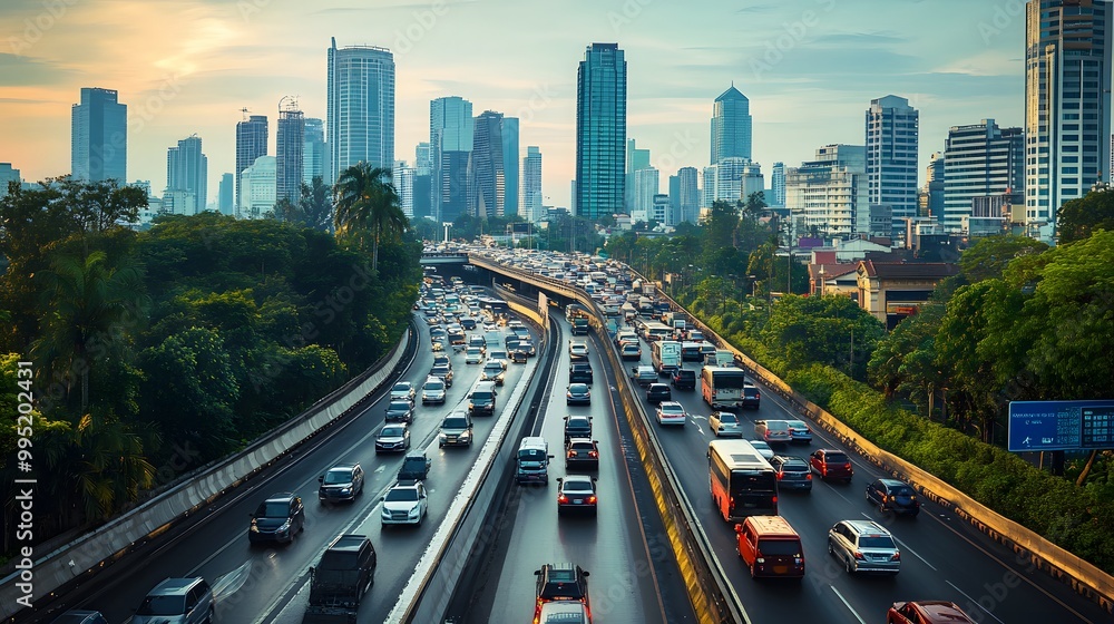Fototapeta premium Evening Traffic Jam on a Highway in a City with Skyscrapers
