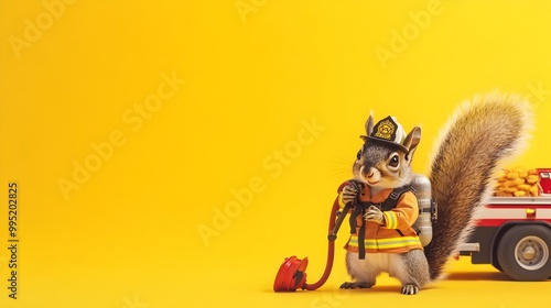 A squirrel character dressed in a firefighter s uniform standing in front of a fire truck and holding a hose ready to respond to an emergency and extinguish a fire photo