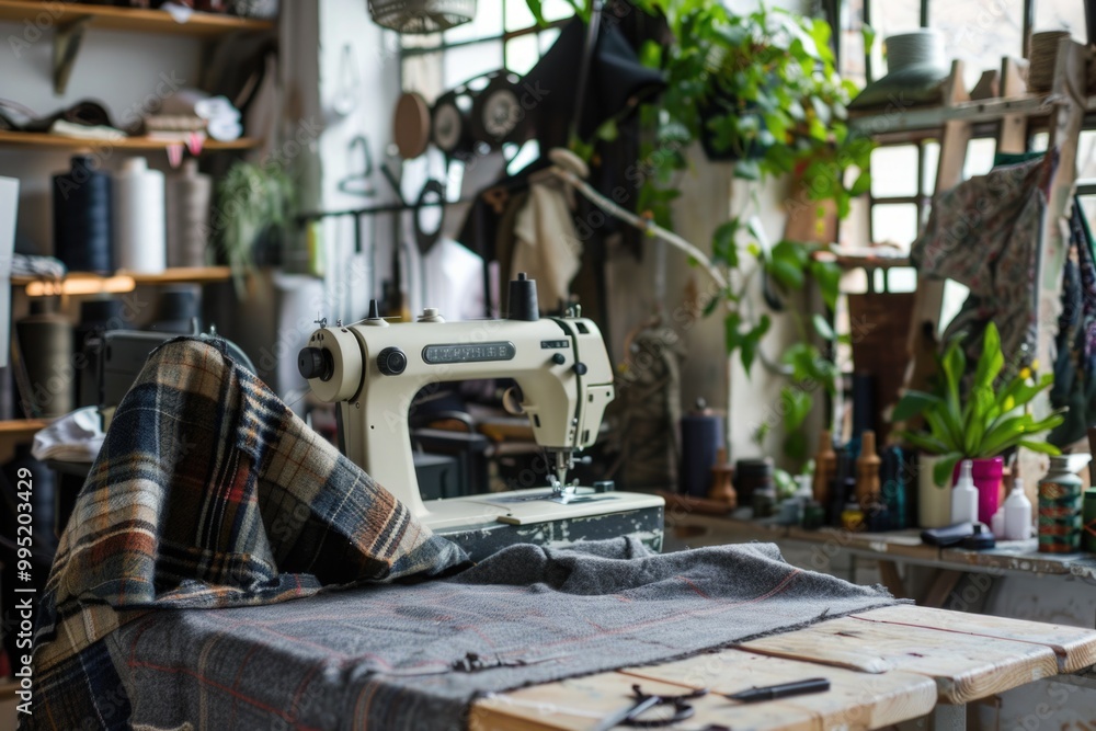 Fototapeta premium Fashion Sewing Workshop: Artist at Work Creating Clothes with Tailoring Machine