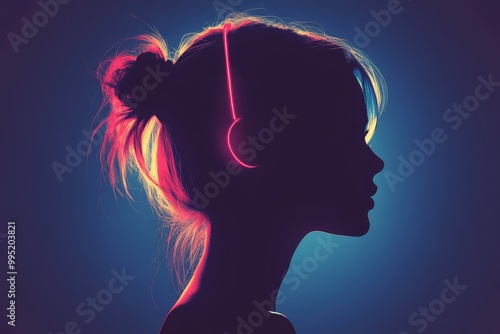 Silhouette of a woman wearing headphones with glowing purple and pink hues symbolizing modern audio technology personal music experience and digital entertainment