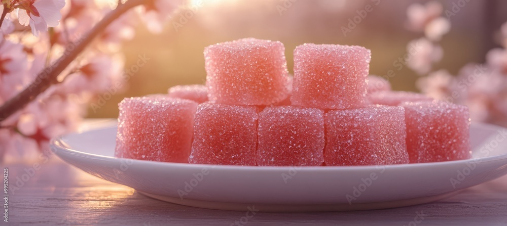 Sugar cubes and pink jellies with snowflakes and a fuzzy background in blooming cherries Sugar cubes and pink jellies with snowflakes and a fuzzy background in blooming cherries