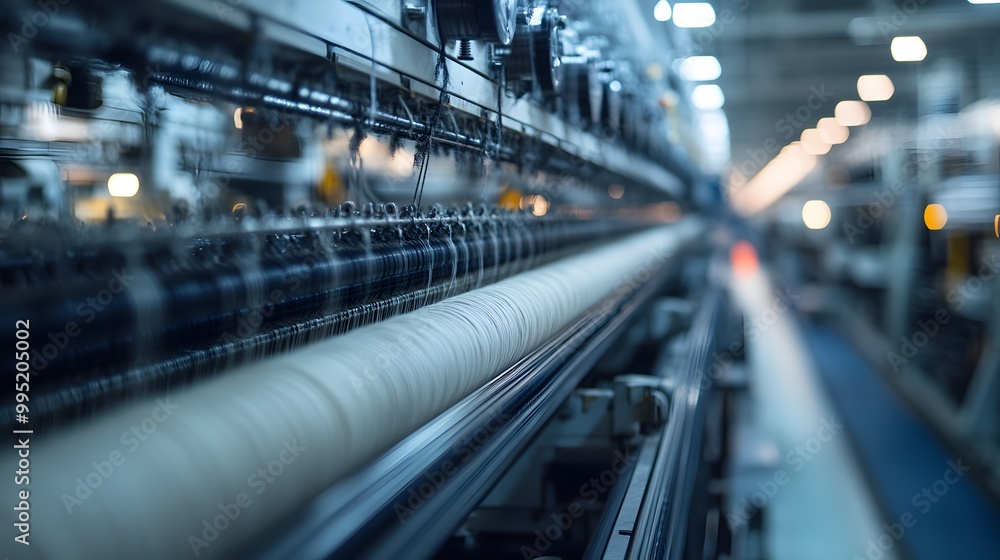 Close-up of a Textile Machine with Spools of White Thread