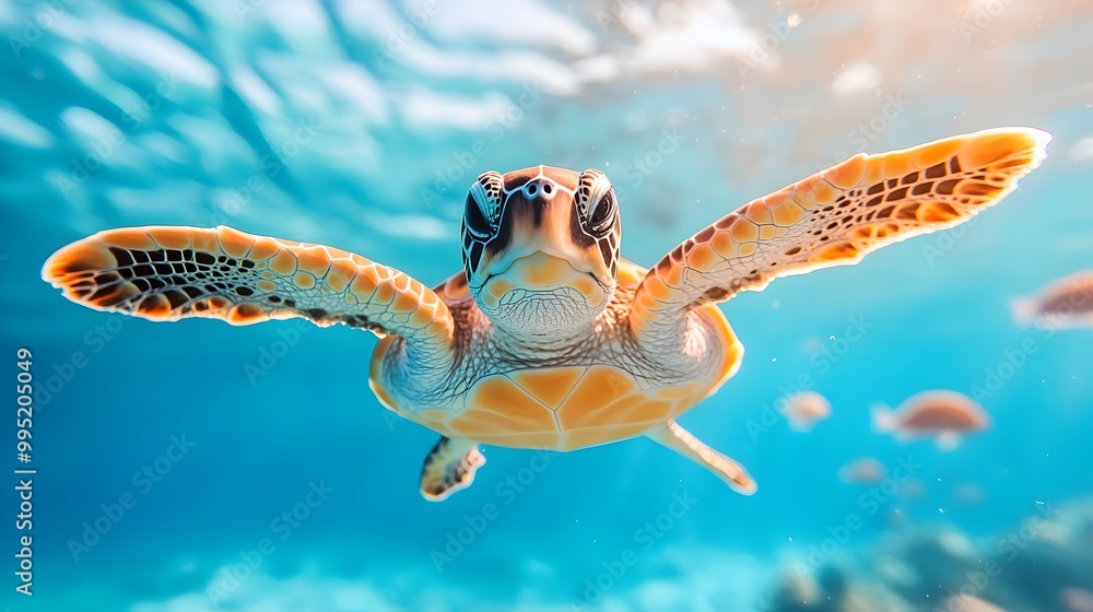 Obraz premium A young turtle swimming alongside diverse marine life in a vibrant thriving coral reef environment embarking on a journey of discovery and adaptation