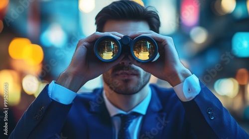 Businessman Using Binoculars in Urban Setting