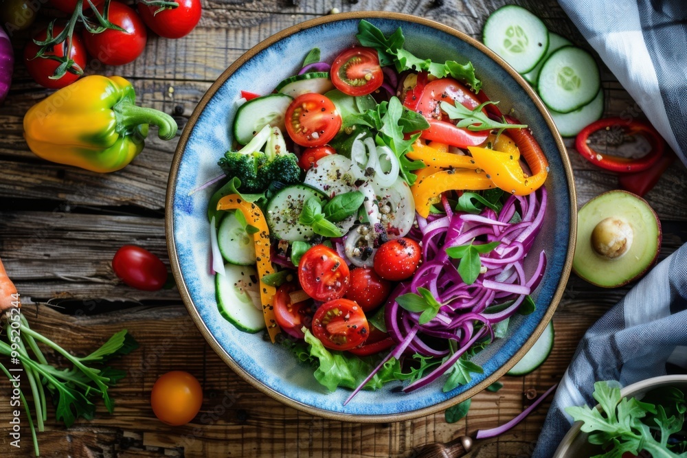 Overhead view of a vibrant salad served in a ceramic bowl on a wooden table, fresh vegetables, colorful presentation Overhead view of a vibrant salad served in a ceramic bowl on a wooden table, fresh vegetables, colorful presentation
