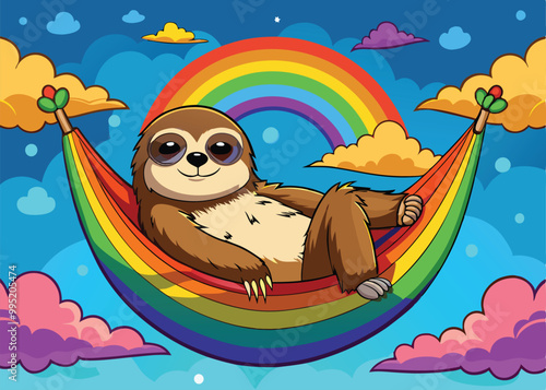 Relaxed Sloth in a Rainbow Hammock Suspended Between Clouds with a Rainbow Arching in the Sky