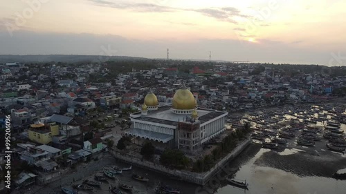 View from above, golden dome mosque near the coast
