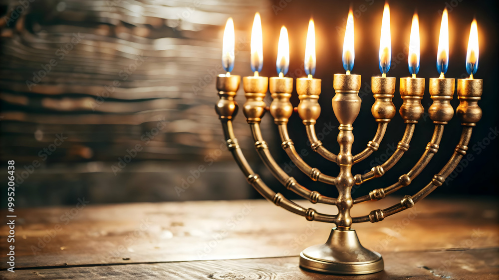 Flat Glossy Hanukkah Menorah with Flickering Digital Flames on Dark Background - Modern Holiday Decoration Design with Copy Space Flat Glossy Hanukkah Menorah with Flickering Digital Flames on Dark Background - Modern Holiday Decoration Design with Copy Space