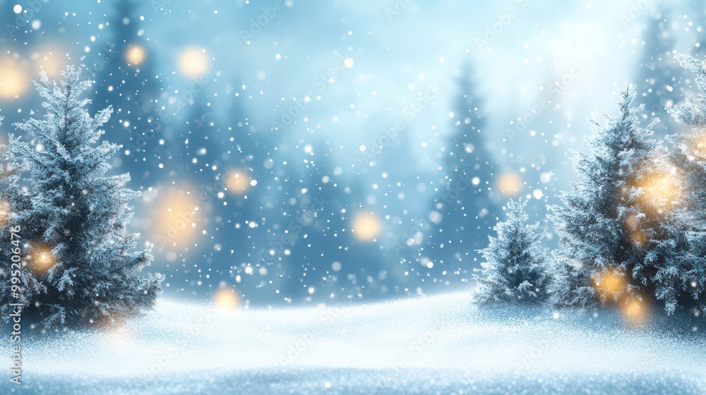 Snow trees with bokeh lighting in winter on a blurred background Snow trees with bokeh lighting in winter on a blurred background