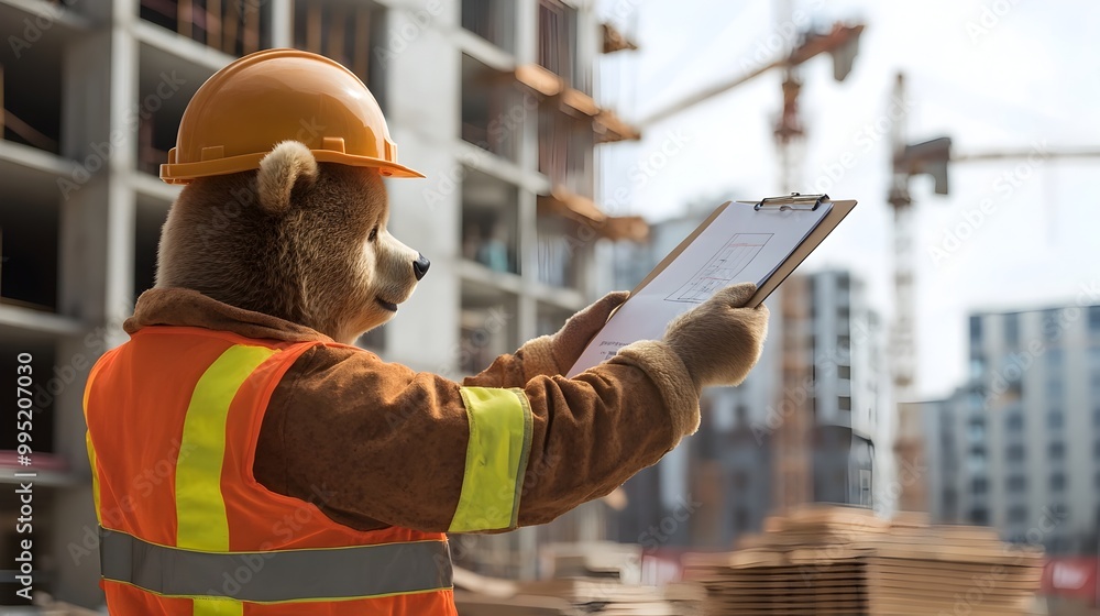 Bear Wearing a Construction Supervisor s Uniform Holding a Clipboard and Pointing Toward a Building Site with Ample Space for Text Modern and Clean Design Bear Wearing a Construction Supervisor s Uniform Holding a Clipboard and Pointing Toward a Building Site with Ample Space for Text Modern and Clean Design