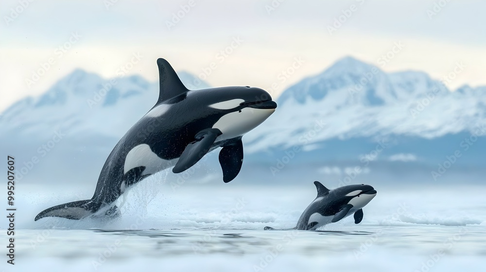 Fototapeta premium Breathtaking scene of a mother orca and her young calf breaching the surface of the pristine ocean waters in perfect synchrony