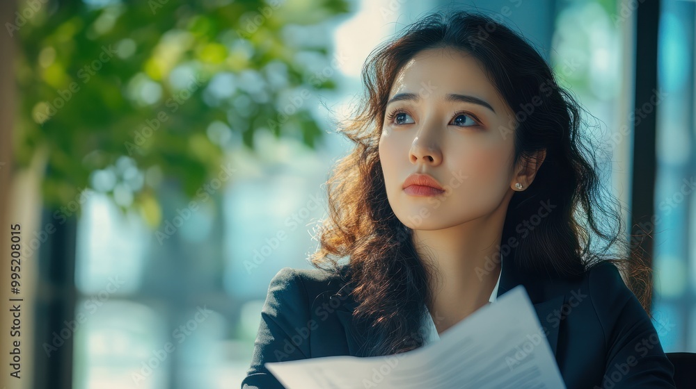 Generative AI illustration of pensive young Asian female manager in elegant suit with curly hair and documents looking away while thinking about business ideas in contemporary office Generative AI illustration of pensive young Asian female manager in elegant suit with curly hair and documents looking away while thinking about business ideas in contemporary office
