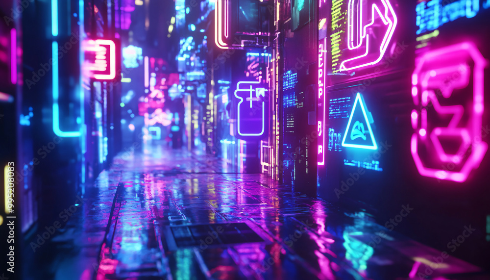 Bright, glowing neon signs in various shapes and colors, with a futuristic, cyberpunk-style backdrop Bright, glowing neon signs in various shapes and colors, with a futuristic, cyberpunk-style backdrop