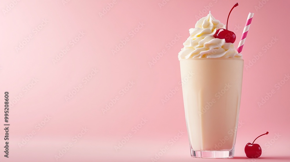 A classic milkshake with whipped cream, a cherry, and a striped straw on a pink background. A classic milkshake with whipped cream, a cherry, and a striped straw on a pink background.