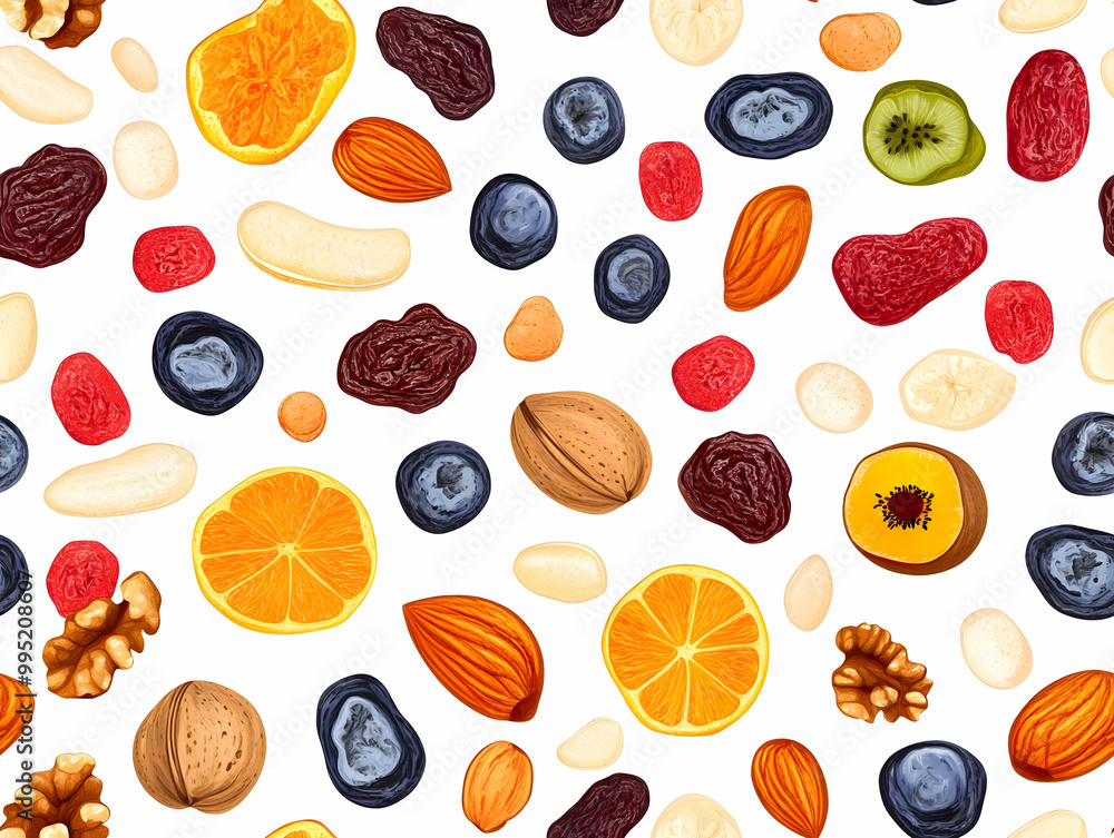 Flat Nuts and Dried Fruits Concept: Simple Vector Illustration with Ample Copy Space on Plain Background for Smart Business Use Flat Nuts and Dried Fruits Concept: Simple Vector Illustration with Ample Copy Space on Plain Background for Smart Business Use