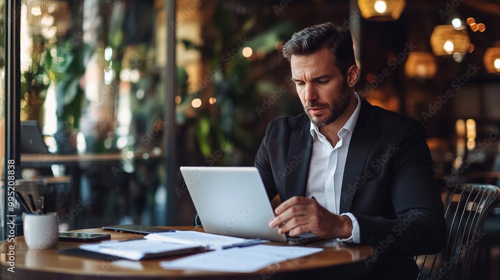 Businessman Working on Laptop in Modern Cafe Businessman Working on Laptop in Modern Cafe