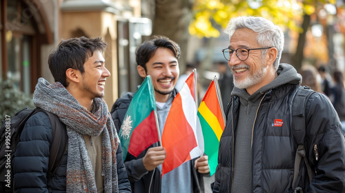 Three friends celebrate diversity and culture outdoors, holding flags and sharing laughter in a vibrant city setting.