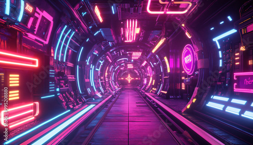  Bright, glowing neon signs in various shapes and colors, with a futuristic, cyberpunk-style backdrop