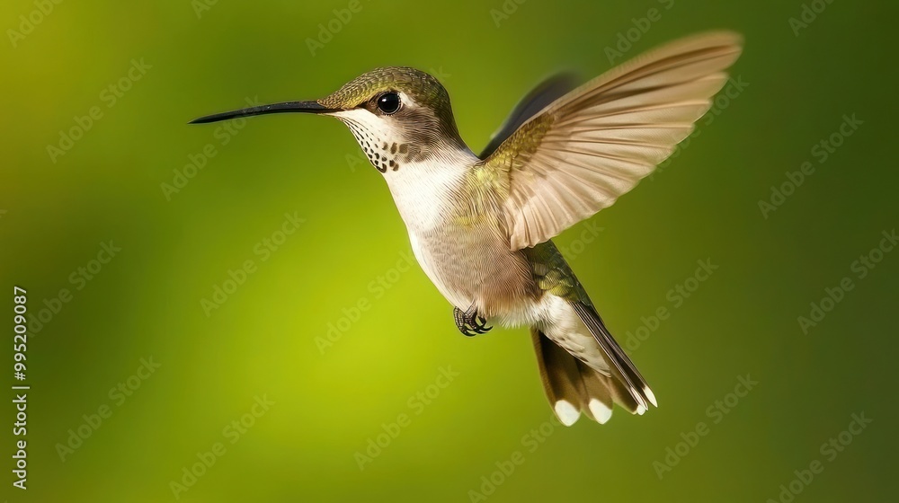 Fototapeta premium A hummingbird in flight with blurred green background, showcasing its vibrant feathers.