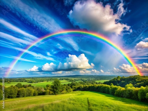 A vivid rainbow arcs gracefully through a clear blue sky, accompanied by fluffy white clouds, above a vibrant