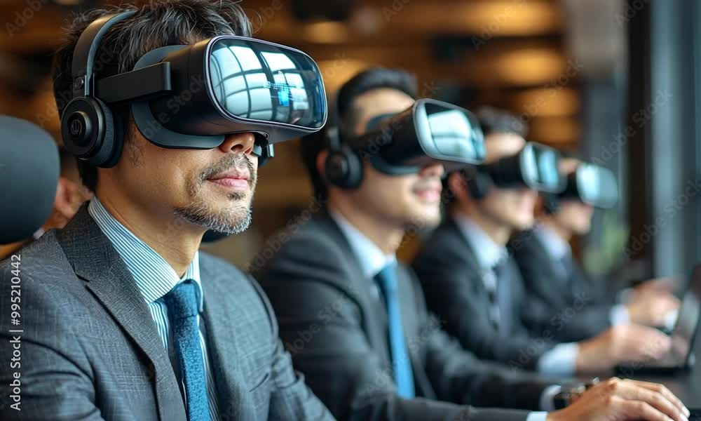 Businessmen wearing VR headsets for training or virtual meetings Businessmen wearing VR headsets for training or virtual meetings
