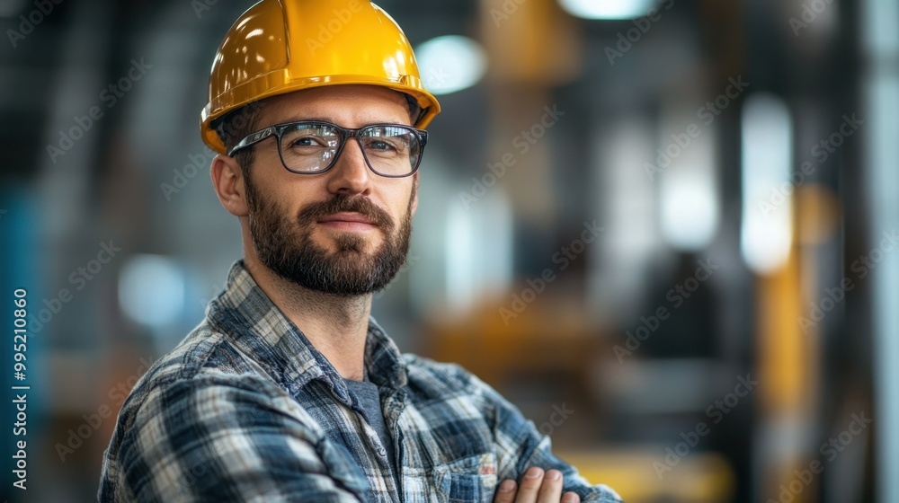 Confident construction worker in a hard hat at an industrial site during daylight hours Confident construction worker in a hard hat at an industrial site during daylight hours