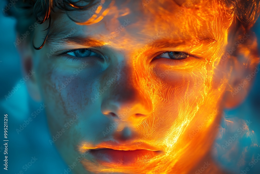 Fair-Skinned Young Person Wrapped in Semi-Transparent Fabric, Fire in Background Fair-Skinned Young Person Wrapped in Semi-Transparent Fabric, Fire in Background