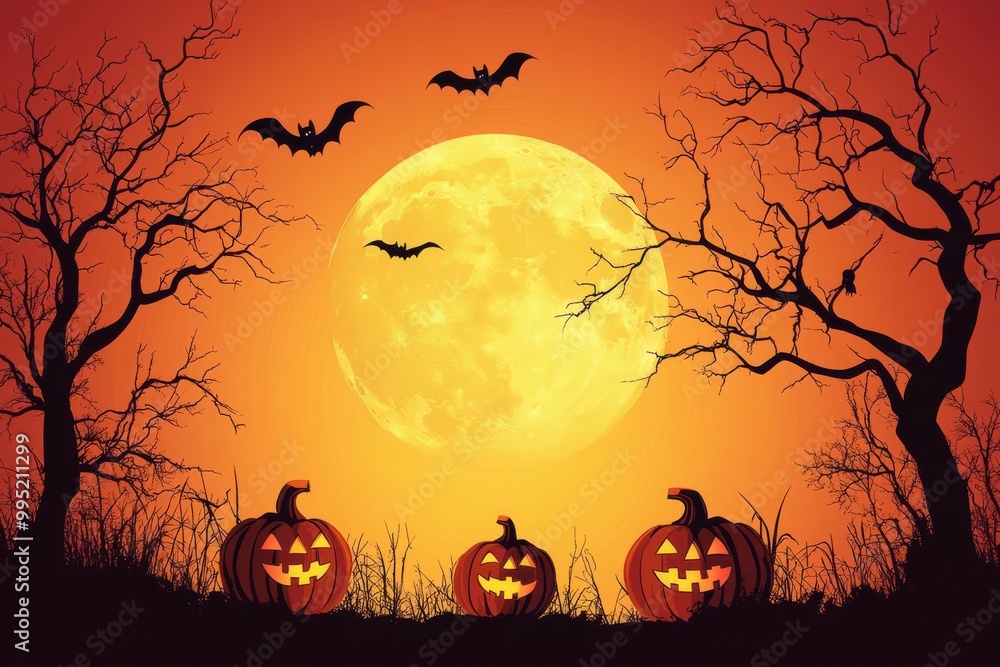 Halloween night with pumpkins and full moon Halloween night with pumpkins and full moon
