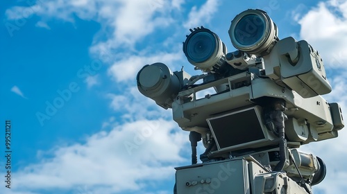Close Up of a Highly Sophisticated Anti Drone Radar System Scanning the Skies for Potential Aerial Threats and Targets on the Modern Battlefield