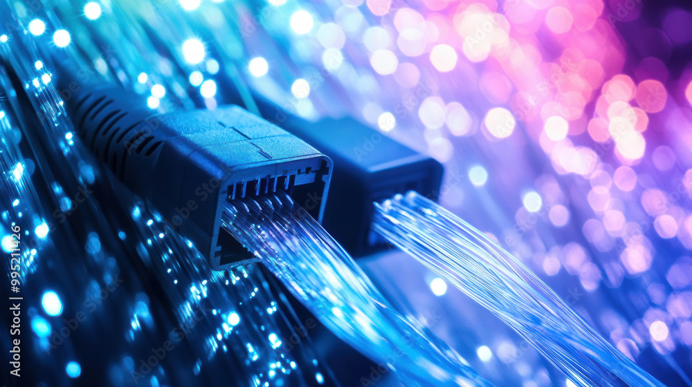 Fiber optics are essential for real time video communication, showcasing vibrant light transmission. image captures intricate details of fiber optic cables glowing in colorful background Fiber optics are essential for real time video communication, showcasing vibrant light transmission. image captures intricate details of fiber optic cables glowing in colorful background