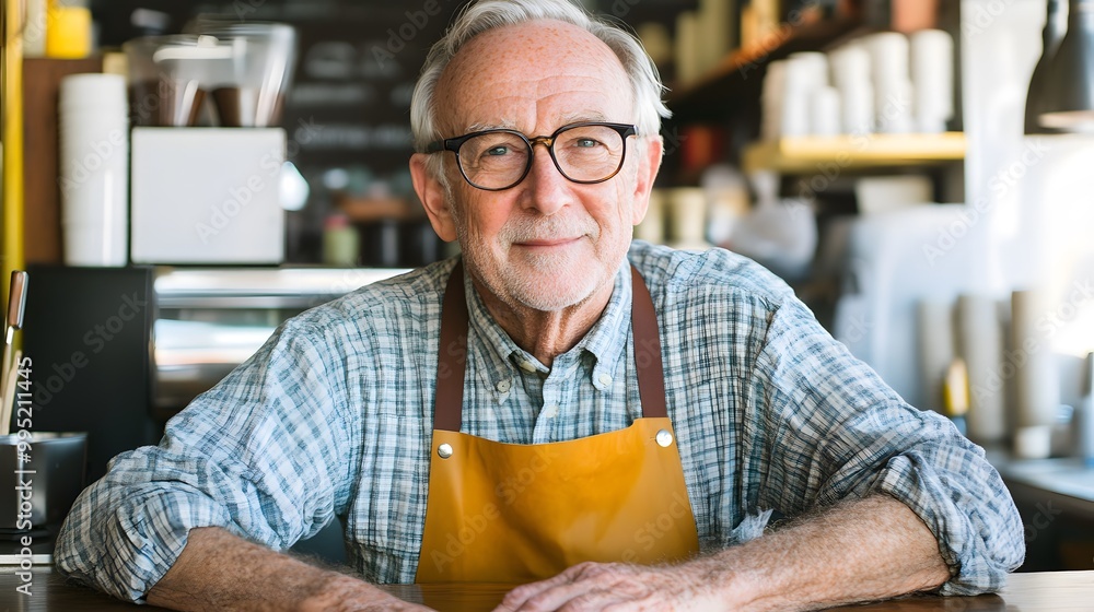 A smiling elderly man with glasses and an apron sits at a cafe counter, exuding warmth and friendliness in a cozy atmosphere. A smiling elderly man with glasses and an apron sits at a cafe counter, exuding warmth and friendliness in a cozy atmosphere.