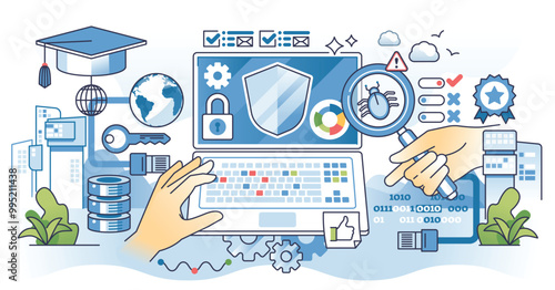 Illustration of cybersecurity internship with hands on laptop, magnifying glass, and shield, outline hands concept.