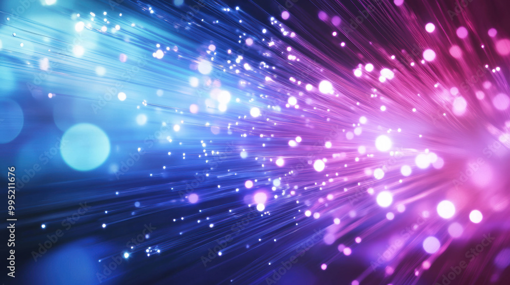 Obraz premium Vibrant light beams and colorful bokeh create dynamic visual effect, representing beauty of fiber optics technology. This image captures essence of speed and security in data transmission