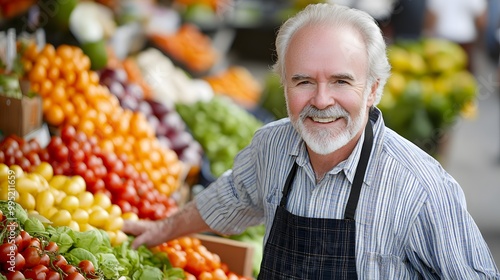 Senior Grocery Store Owner Smiling Near Fresh Produce Display 