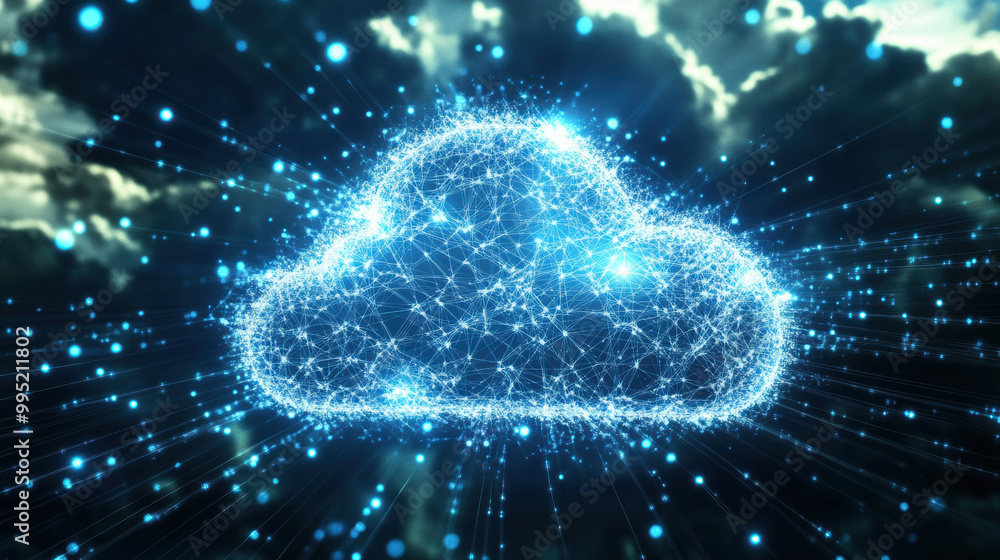 digital cloud composed of glowing particles represents data connectivity and technology. This image symbolizes advancement of cloud computing and data storage solutions digital cloud composed of glowing particles represents data connectivity and technology. This image symbolizes advancement of cloud computing and data storage solutions