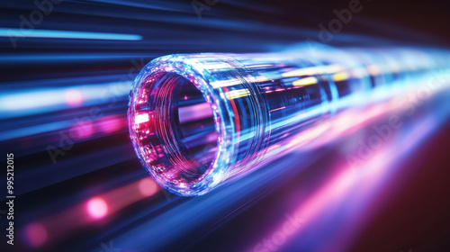 vibrant fiber optic cable emits colorful light, showcasing high speed data transmission. dynamic flow of light represents advanced technology and connectivity photo