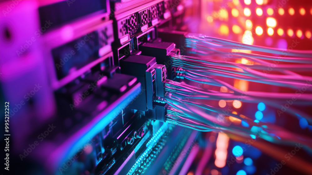 High definition video streaming relies on stable connections and advanced technology. This image showcases vibrant server components with colorful cables, emphasizing importance of connectivity in High definition video streaming relies on stable connections and advanced technology. This image showcases vibrant server components with colorful cables, emphasizing importance of connectivity in