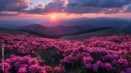 A fantastic summer evening in the Ukrainian Carpathians at the peak of blossoming flowers of rhododendrons, with a magical dramatic sky, lying with colored clouds and overlooking Hoverla.