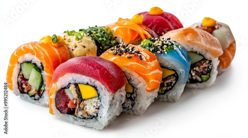 Colorful sushi rolls with fresh fish and vegetables, perfect for food enthusiasts and culinary lovers.