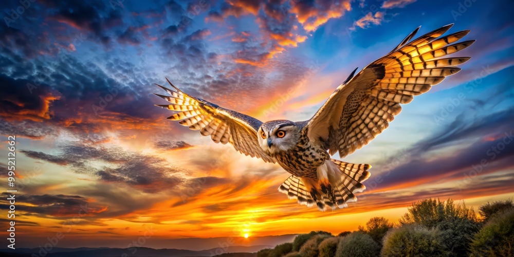 Beneath a dusky sky, a magnificent owl glides silently, its silhouette radiating grace and mystery, capturing the Beneath a dusky sky, a magnificent owl glides silently, its silhouette radiating grace and mystery, capturing the